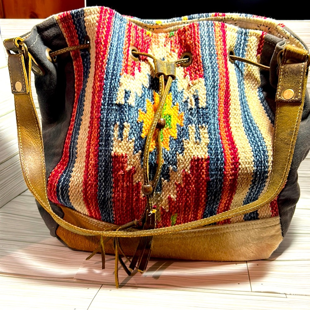 Myra Bag Blue Bucket Bag Cowhide purse